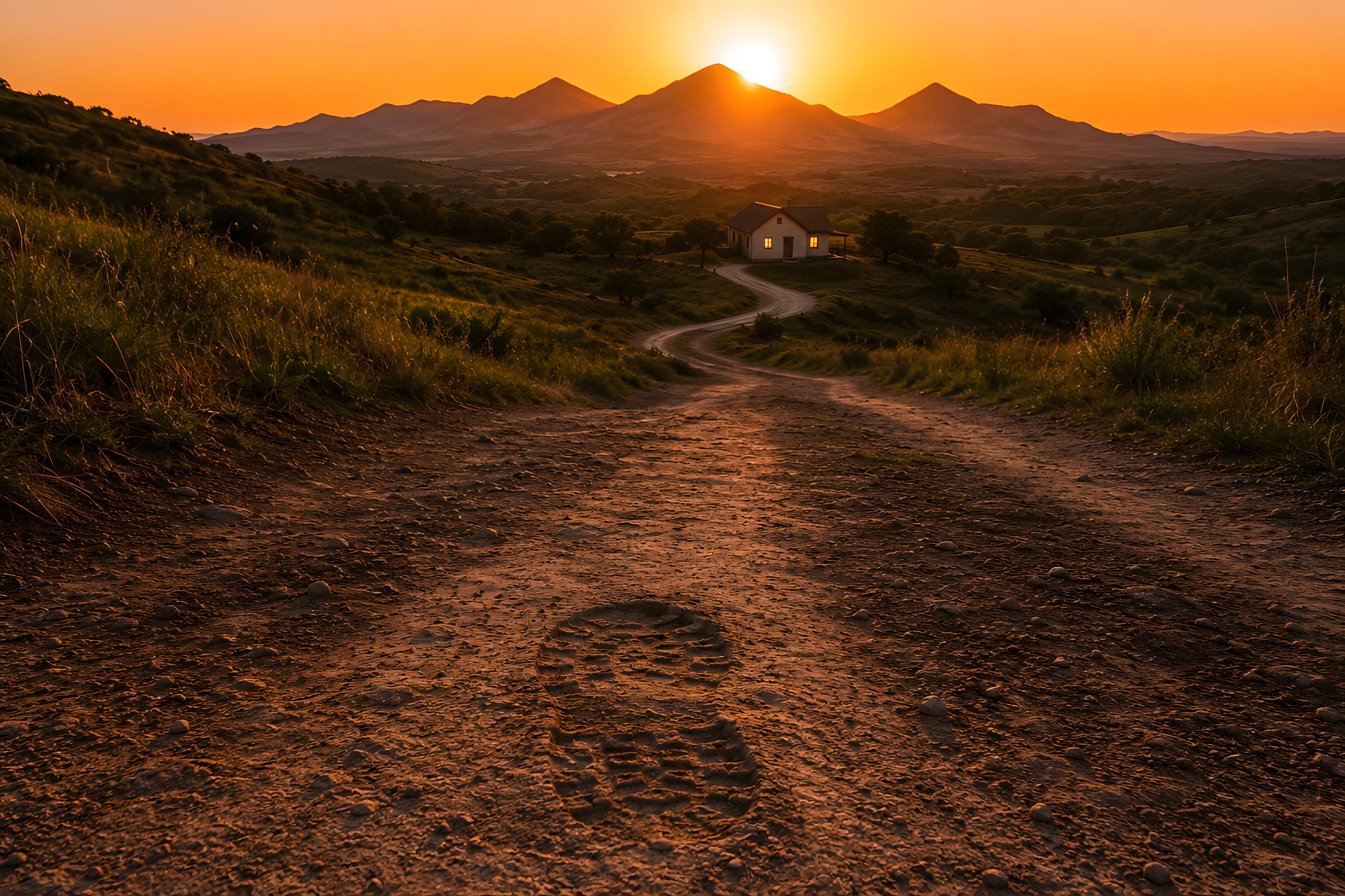 A low sun behind three peaks, a small gabled house below them, and a dirt road with a boot print winding toward it
